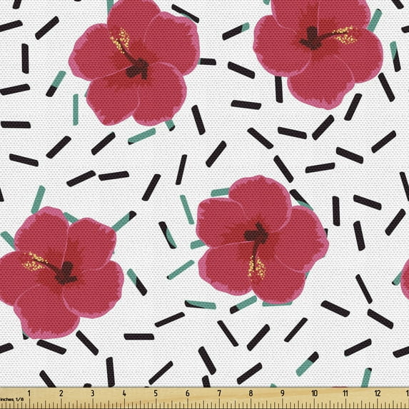 Ambesonne Hibiscus Fabric by the Yard Upholstery, Tropical Endemic Botany, 2 Yards, Dark Coral White