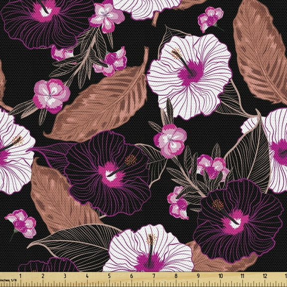 Hibiscus Fabric by the Yard Upholstery, Vintage Exotic Floral Pattern with Tropic Flowers and Leaves on Dark Background, Decorative Fabric for DIY and Home Accents, 3 Yards, Multicolor by Ambesonne