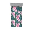 thumbnail image 1 of Hibiscus Fitted Sheet & Pillow Sham Set, Jungle Inspired Exotic Leaves and Flowers Pattern on Blue Hues Print, Decorative Printed 2 Piece Bedding Decor, Twinxl, Pale Pink Forest Green, by Ambesonne, 1 of 1