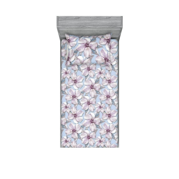 Hibiscus Fitted Sheet & Pillow Sham Set, Watercolor Design Japanese Vibes Flowers Vintage with Neutral Petals, Decorative Printed 2 Piece Bedding Decor, Twinxl, Pale Blue Pale Lavender, by Ambesonne