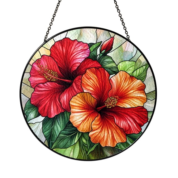 Hibiscus Floral Botanical Stained Glass Style Window Decor, Tropical Hanging Decorative Art Panel