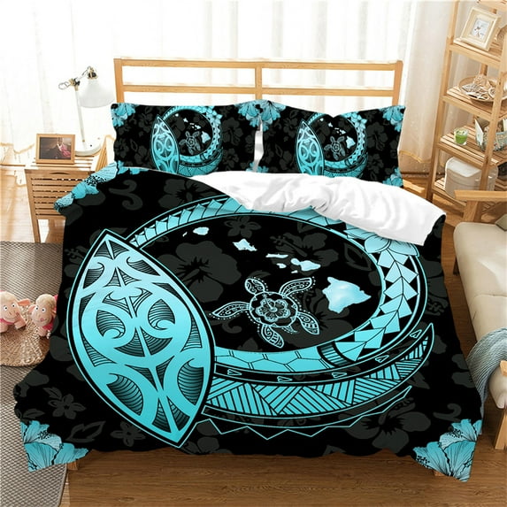 Hibiscus Floral Duvet Cover Exotic Sea Turtle Bedding Set Microfiber Hawaiian Tribal Polynesian Comforter Cover Single King Size