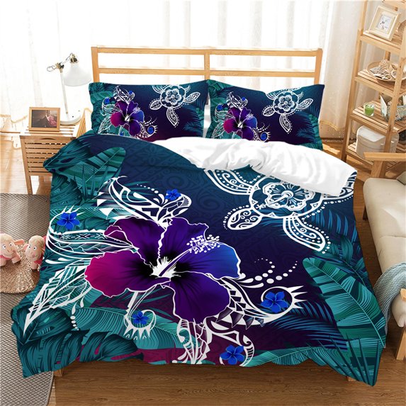 Hibiscus Floral Duvet Cover Exotic Sea Turtle Bedding Set Microfiber Hawaiian Tribal Polynesian Comforter Cover Single King Size