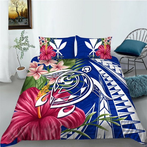 Hibiscus Floral Duvet Cover Exotic Sea Turtle Bedding Set Microfiber Hawaiian Tribal Polynesian Comforter Cover Single King Size