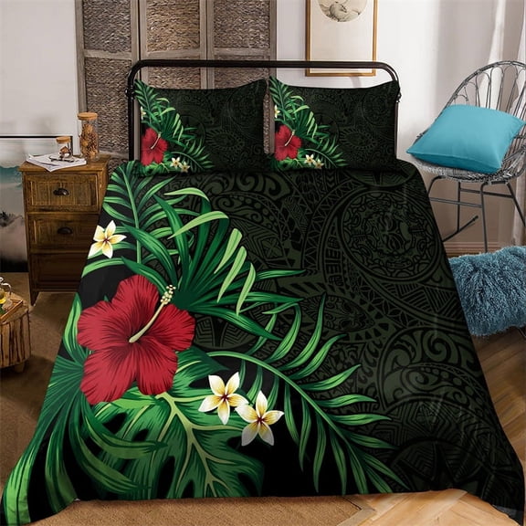 Hibiscus Floral Duvet Cover Tribal Polynesian Turtle Bedding Set Hawaiian Polyester Comforter Cover King Size for Kid Adult Teen