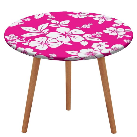 Hibiscus Floral Pink Pattern Round Fitted Tablecloth with Elastic Edged & Backing, Round Table Cover for Indoor Outdoor Patio