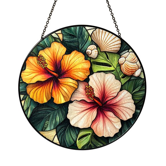 Hibiscus Floral Round Suncatcher, Stained Glass Style Window Panel with Seashells, Nature Inspired Home Decor Gift