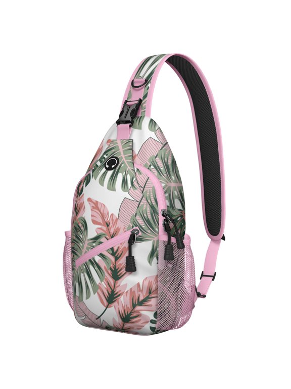 Hibiscus Floral Sling Backpack, Lightweight Summer Crossbody Bag with Tropical Jungle Leaves, Hawaiian Palm Leaf and Vibrant Botanical Design
