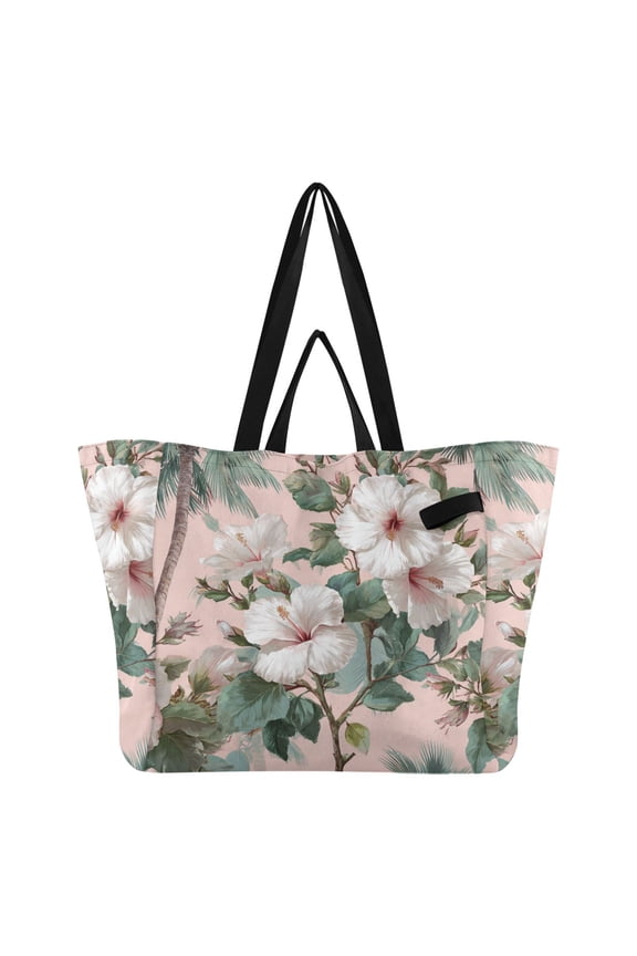 Hibiscus Florals and Palm Leaves Foldable Canvas Tote Bags Reusable Grocery Bags Laundry Bags Beach Bag 32L