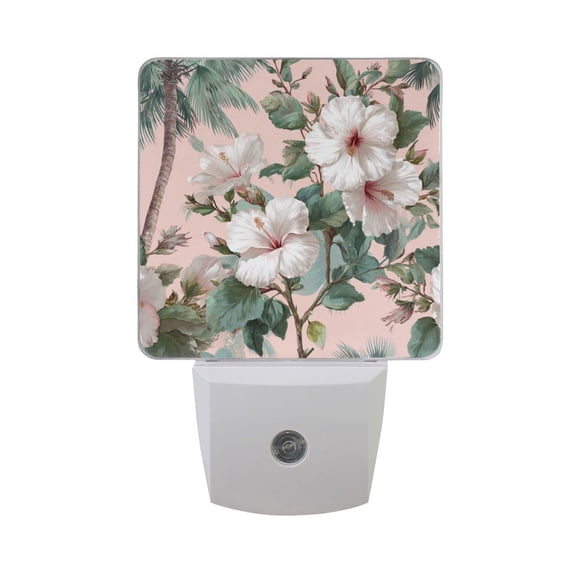 Hibiscus Florals and Palm Leaves LED Night Light Sensor Lamp Plug-in Adjustable Brightness 2 Pack
