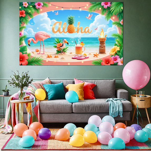 Hibiscus Flower Aloha Banner Flamingo Beach Tiki Torch Hawaiian Tropical Backdrop for Summer Party Beach Wedding Luau