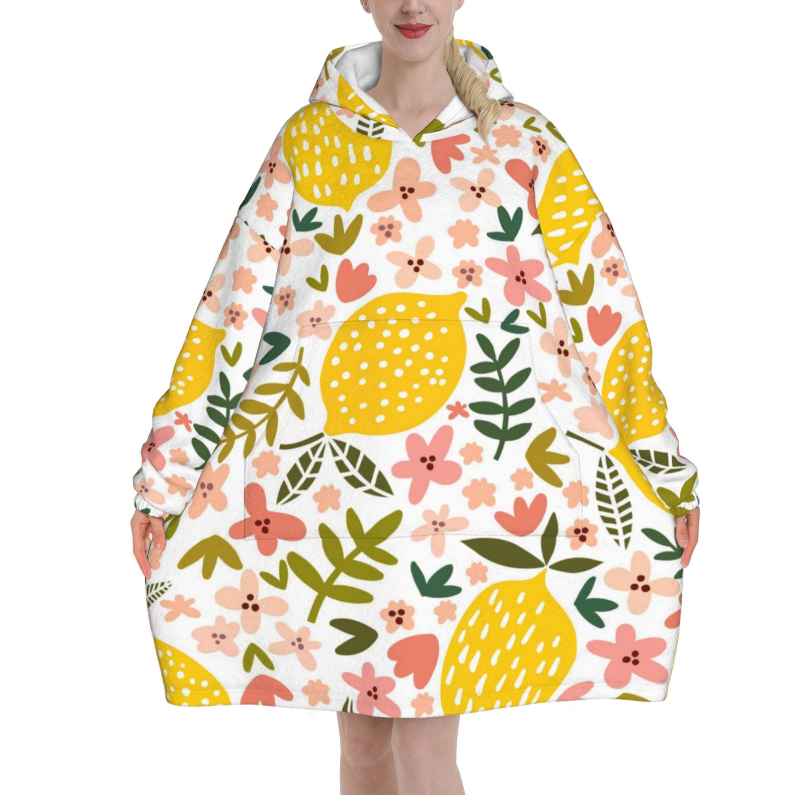 Hibiscus Flower And Lemon Oversized Blanket Hoodie Wearable Blanket