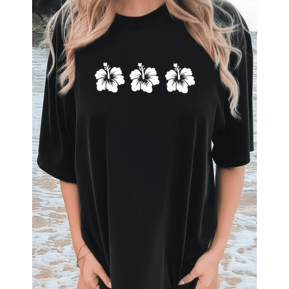 Hibiscus Flower Beach Vacation Oversized T-Shirt Graphic Tees Women Tops