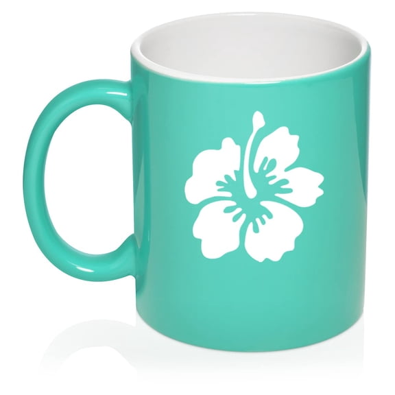 Hibiscus Flower Ceramic Coffee Mug Tea Cup Gift for Her, Wife, Sister, Best Friend, Girlfriend, Coworker, Birthday, Cute, Graduation, Housewarming, Family, Flower Lover, Wedding (11oz Teal)
