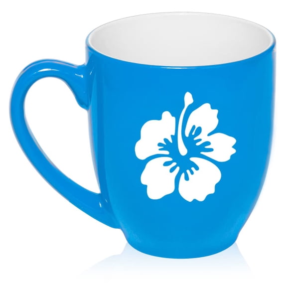 Hibiscus Flower Ceramic Coffee Mug Tea Cup Gift for Her, Wife, Sister, Best Friend, Girlfriend, Coworker, Birthday, Cute, Graduation, Housewarming, Family, Flower Lover, Wedding (16oz Light Blue)