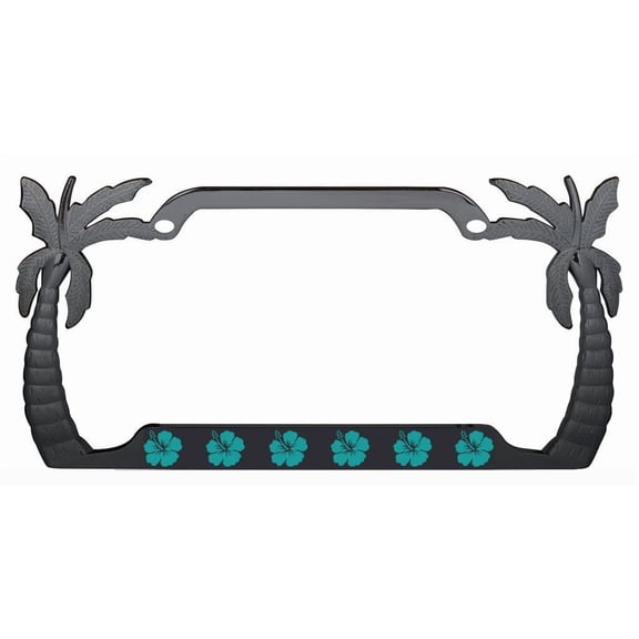 Hibiscus Flower Design Palm Tree Heavy Duty Metal License Plate Frame Auto License Plate Frame/Car Accessories (Black/Turquoise)