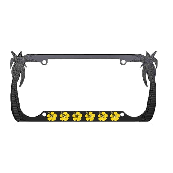 Hibiscus Flower Design Palm Tree Heavy Duty Metal License Plate Frame Auto License Plate Frame/Car Accessories (Black/Yellow)