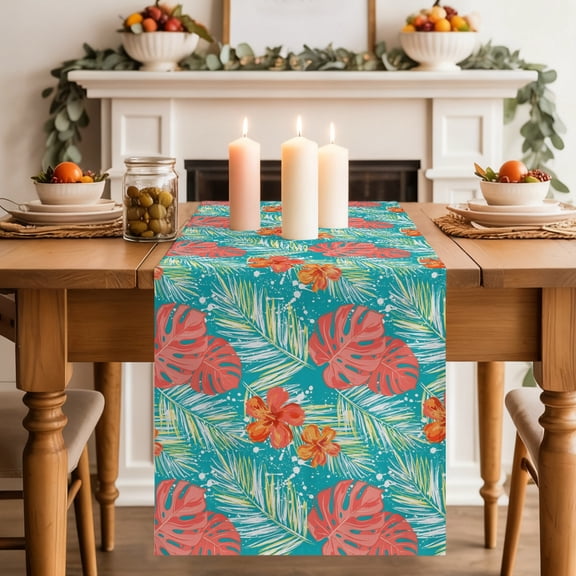 Hibiscus Flower Dining Table Runner, Summer Tropical Palm Leaf Teal Green Layered Leaf Washable Table Runners Kitchen Coffee Table Center Decor for Home Party Holiday Wedding 13 x 36 Inches