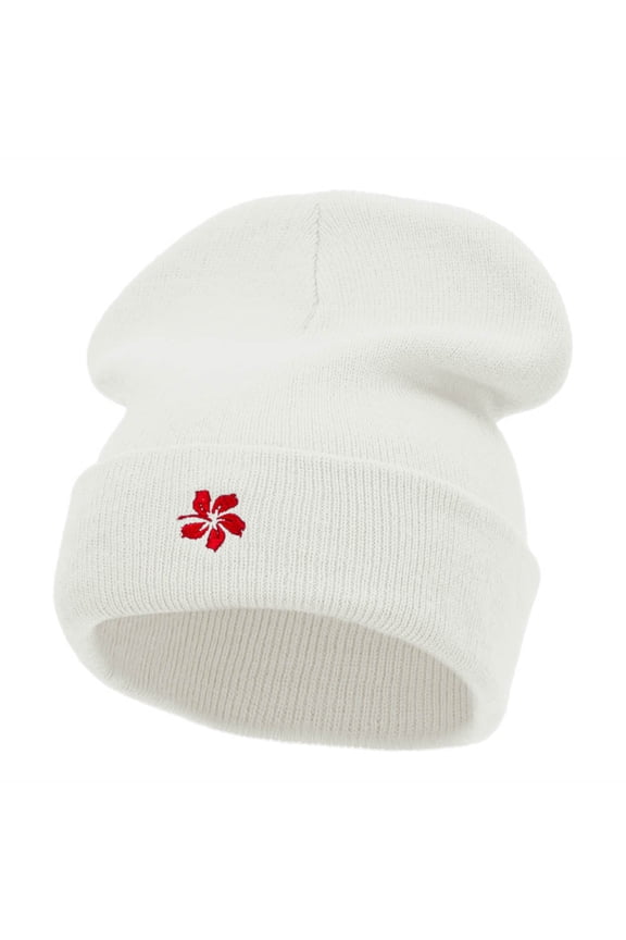 Hibiscus Flower Embroidered 12 Inch Long Knitted Beanie - White OSFM
