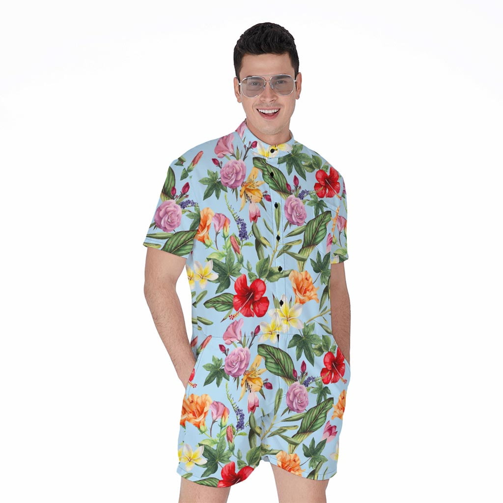 Flower Rumpers Hibiscus Flower Floral Pattern Short Sleeve Men'S Rompers, Aloha ...
