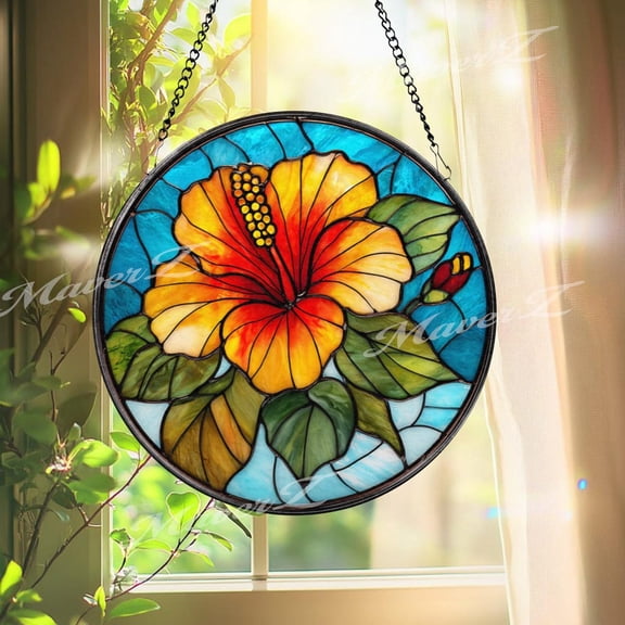 Hibiscus Flower Glass Suncatcher, Round Tropical Floral, Red Yellow Bloom, 3.5 in