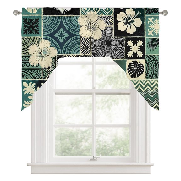 Hibiscus Flower Kitchen Curtains Swag Valance for Windows/Bathroom/Cafe, Abstract Green Geometric Ethnic Tribal Art Rod Pocket Drape Panel Swag Curtains Valance for Bedroom/Living Room 56"x36"