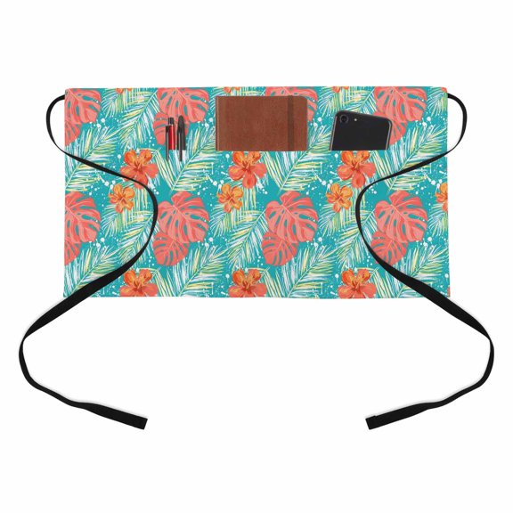 Hibiscus Flower Kitchen Restaurant Half Waist Apron, Summer Tropical Palm Leaf Teal Green Layered Leaf Server Short Apron with 3 Pockets Waterproof Oil Waist Aprons for Women Waitress Waiter
