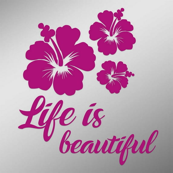 Hibiscus Flower Life Is Beautiful Decal Sticker | 5.5-Inches By 4.9-Inches | Hot Pink Vinyl