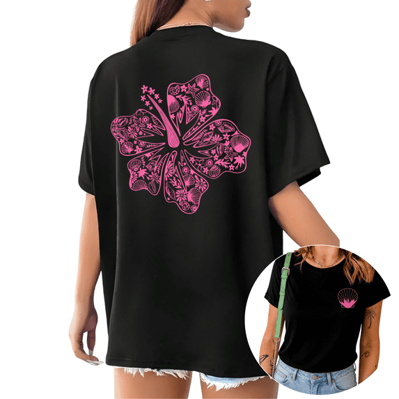 Hibiscus Flower Ocean Seashell Starfish Graphic Short Sleeve T-Shirt Crewneck Black Tops