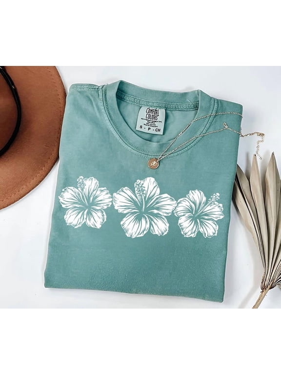 Hibiscus Flower T-Shirt, Tropical Floral T-Shirt, Hawaii Vacation Beach Tee, Summer Vibes Shirt for Women, Coastal Tee TH150550