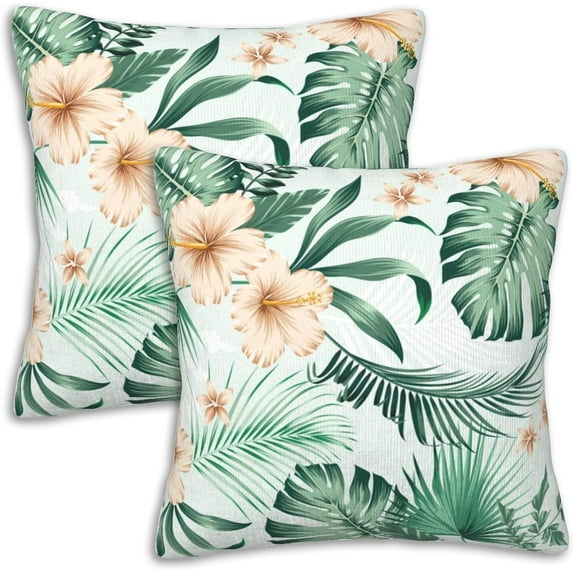 Hibiscus Flower Throw Pillow Cover Pack of 2 Square Couch Pillowcase Tropical Palm Leaf Cushion Cover for Living Room Bedroom Sofa Car 18x18 Inch