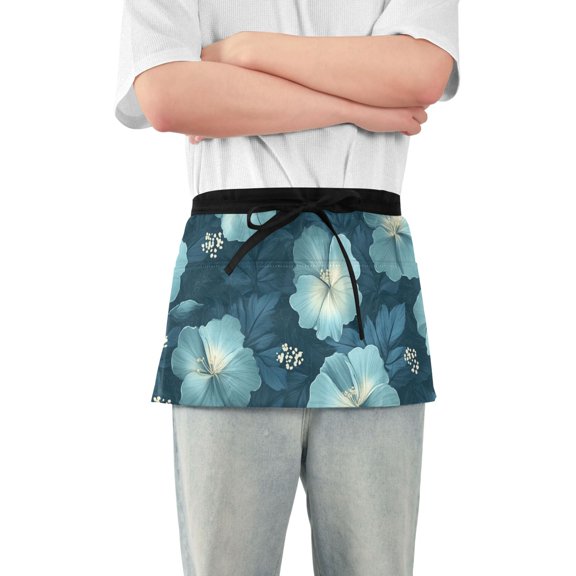 Hibiscus Flowers Leaves Short Server Apron with 3 Pockets for Unisex Chef Gardening