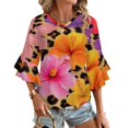 thumbnail image 1 of Hibiscus Flowers Leopard Print Fabric Women's V-Neck Blouse With 3/4 Ruffled Bell Sleeves Casual Top Ladies Blouses, 1 of 7
