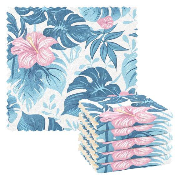 Hibiscus Flowers Pattern Dish Towels 6 Pack Kitchen Cleaning Dish Cloths Absorbent Reuseable Cleaning Cloths 11'' x 11''