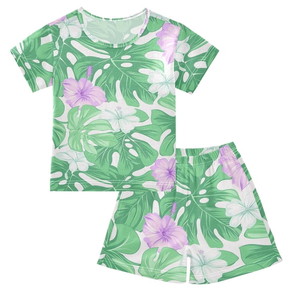 Hibiscus Flowers Pattern Summer Pajama Set Soft Cotton Short Sleeve Sleepwear 2PCS Pajama Sets Breathable Lounge Set Size 5Y