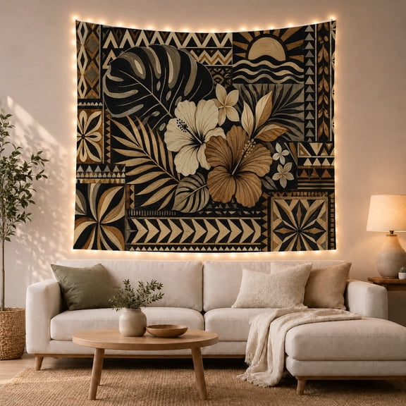 Hibiscus Flowers and Sun Motifs in Tribal Pattern, Warm Boho Style for Boho Decor Lovers, Tropical Wall Art, Housewarming Gift, Tapestry Wall Hanging for Bedroom and Living Room