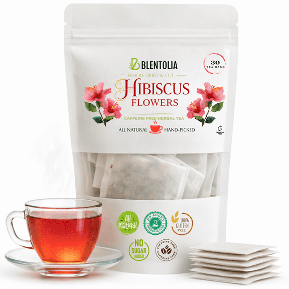 Hibiscus Flowers Tea 100% Natural Herbal Tea Bags Caffeine-Free, Tart & Refreshing Supports Heart Health & Hydration 30 Tea Bags in Resealable Pouch