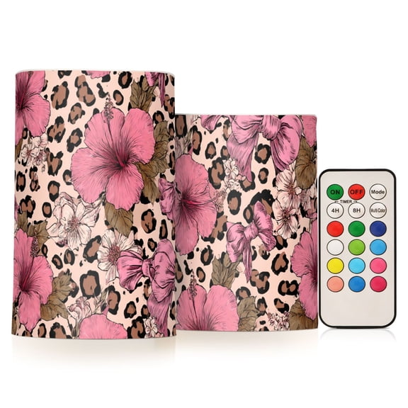 Hibiscus Flowers and Bows Flickering Flameless Candles Battery Operated with Remote Timer LED Pillar Candles Set of 2