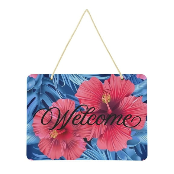 Hibiscus Flowers and Palm Leaves Welcome Sign Front Door PVC 14x10 inch Hanger Hello Sign Farmhouse Wall Porch Home Outside Decor