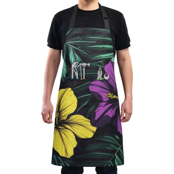 Hibiscus Flowers on Dark Chef Kitchen Apron with Pockets for Women Waterproof Aprons for Cooking Baking