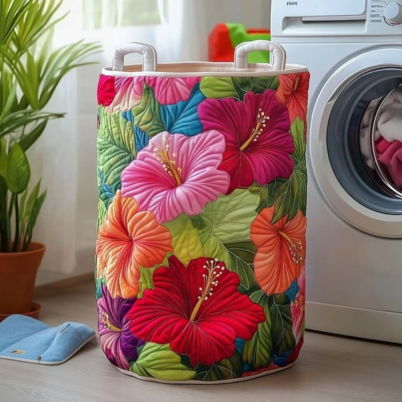 Hibiscus Glow Quilted Laundry Basket, Tropical Floral Storage Bin, Boho Hamper Home Decor