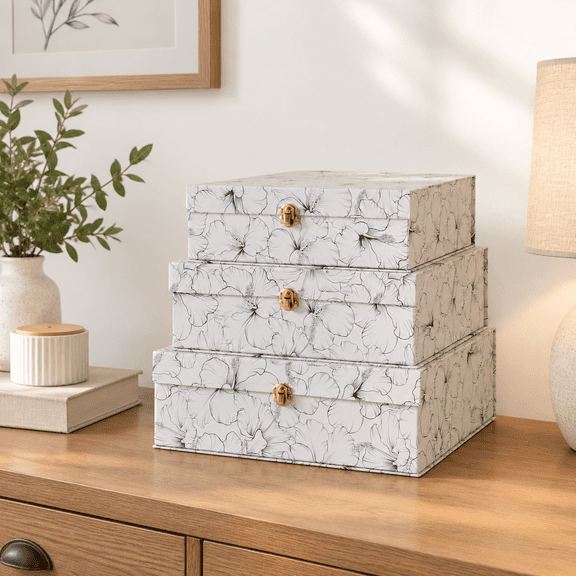 Hibiscus Harmony 3-Piece Nesting Storage Box Set With Hardware