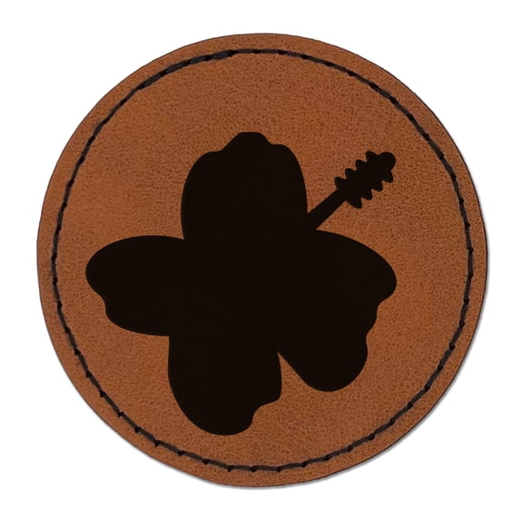 Hibiscus Hawaii Tropical Flower Solid 2.5" Faux Leather Round Engraved Iron-On Patch - Brown