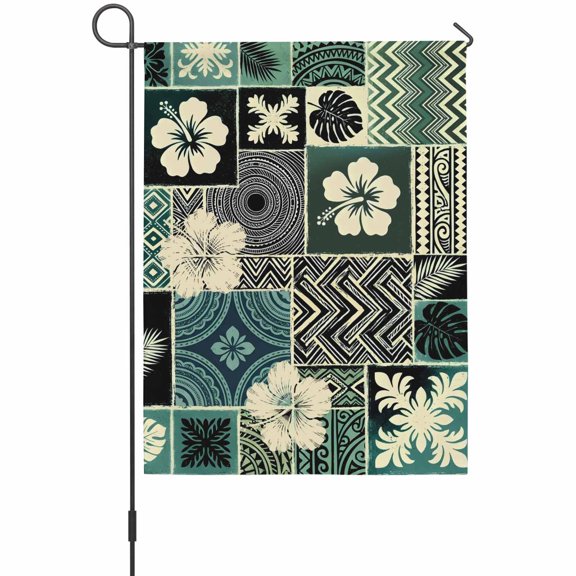 Hibiscus House Flags For Outdoor, Abstract Ethnic Tribal Patterns Blue Green Tropical Plant Small Double Side Yard Flags Weather Proof House Decor for Lawn Outside Holiday 28 x 40 Inches