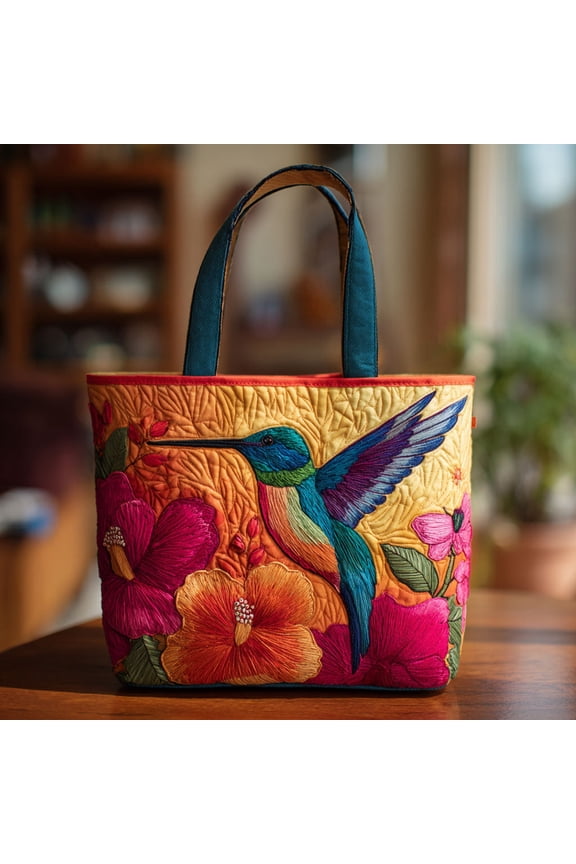 Hibiscus Hummingbird Quilted Tote Bag, Bird Print Everyday Carryall, Daily Market Carryall, Gift for Bird Lovers