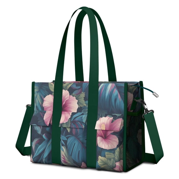 Hibiscus MonsteraLarge Teacher Tote Bag with Laptop Compartment, Multi-Pocket Waterproof Work Tote