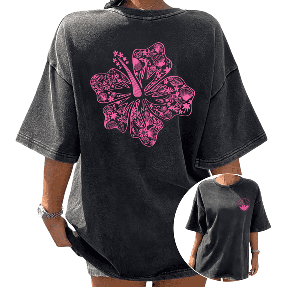 Hibiscus Ocean Filigree Graphic Tees Washed Black S-2XL Womens Tropical Boho Casual Tops