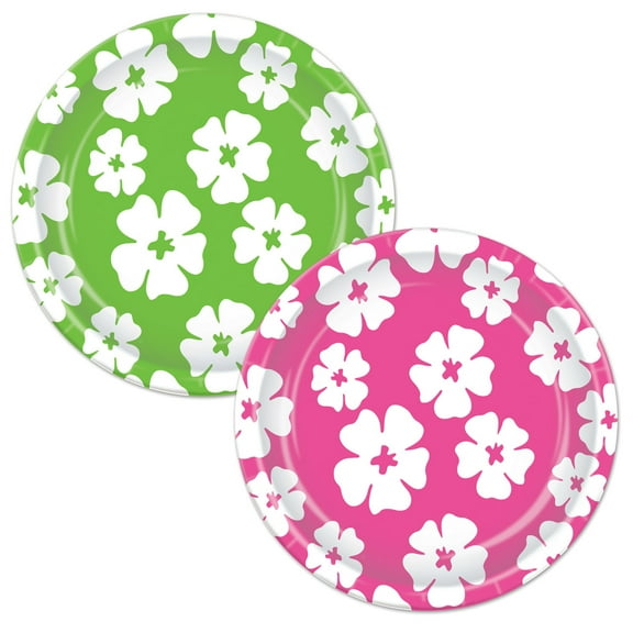 Hibiscus Plates 7"- 12 Pack(8 Per Package)- Asstd Cerise & Lime Green