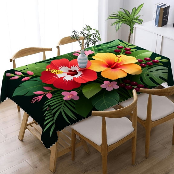 Hibiscus Plumeria Rubra Rectangular Tablecloth, Printing with lace trim - Kitchen Accessories Tablecloths rectangle , Cafe, dinner, picnic