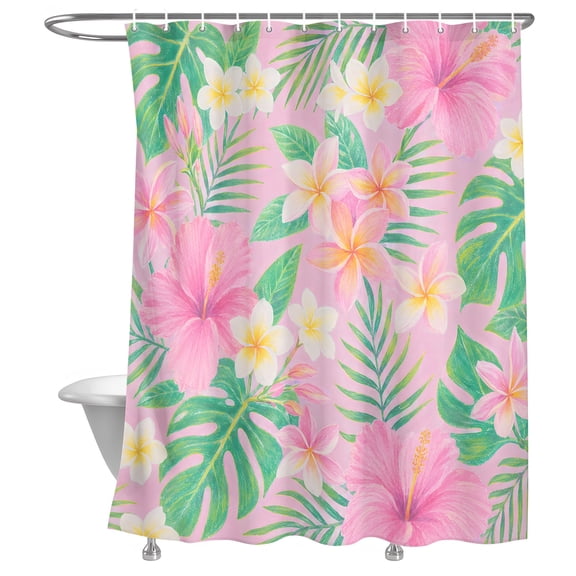 Hibiscus Plumeria Shower Curtain, Tropical Pink White Floral Monstera Palm Leaf Lightweight Waterproof Fabric Shower Curtain with Rustproof Grommets for Bathroom Bathtub 36x72in